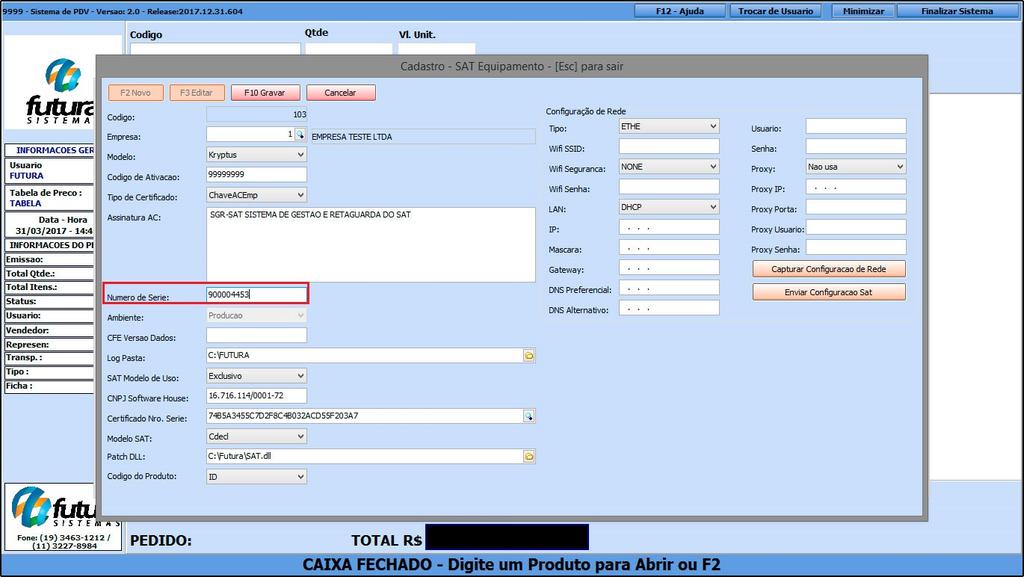 Para solucionar este erro, digite o atalho Alt+G no Futura PDV, clique na aba SAT e em seguida no botão Cadastro do SAT, conforme mostra imagem abaixo: Preencha o campo Número de Série com a