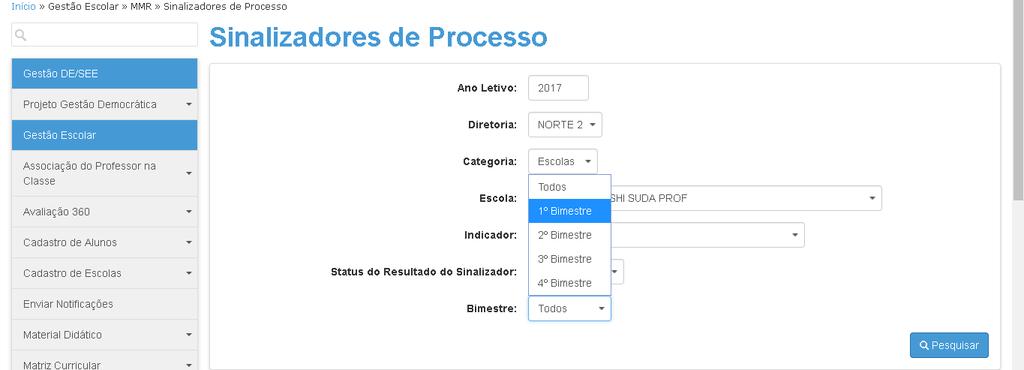 Clicar em SINALIZADORES DE PROCESSO para abrir a tela abaixo Você pode clicar em PESQUISAR e aparecerá todos os