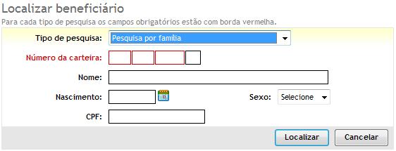 Pesquisa beneficiário Pelo campo 'Tipo de pesquisa' é possível pesquisar beneficiário de três maneiras diferentes, nos casos em que o beneficiário não estiver com o cartão em