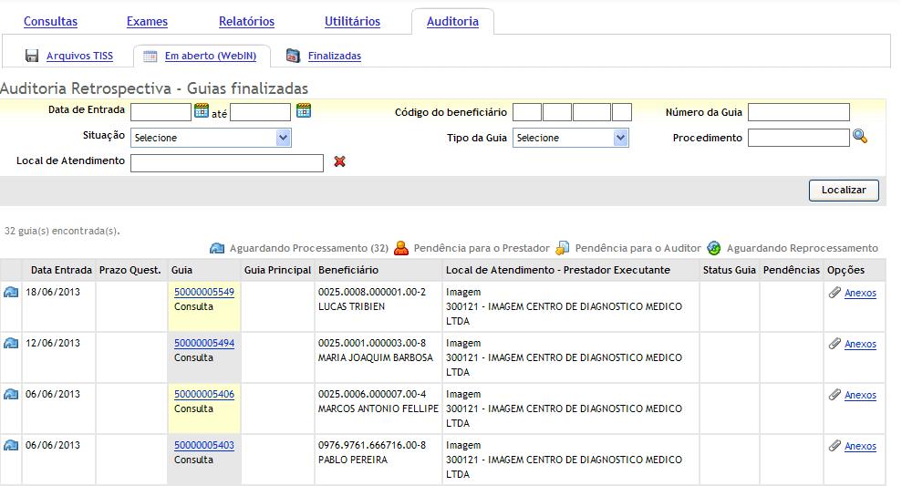 Em aberto (Webin) Nesta tela são apresentados os filtros para pesquisa de guias e na