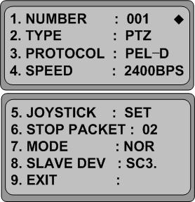 5.3. Menu da configuração do interface de dispositivos 1 Número: Indica a ID da câmara ID seleccionada actualmente. Pode ser um número entre 1 ~ 255 e configurado com joystick e teclado numérico.