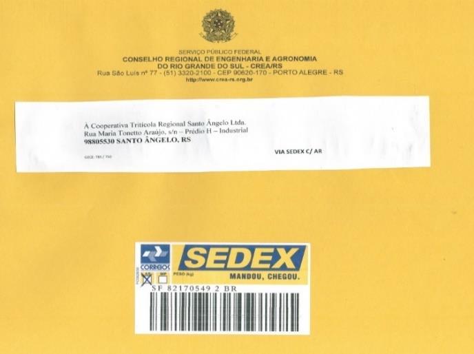 e) Via Sedex Colar os dados do destinatário na frente do envelope, próximo ao timbre, centralizando-o verticalmente, produzindo a identificação como segue: Abrir o arquivo de texto do ofício