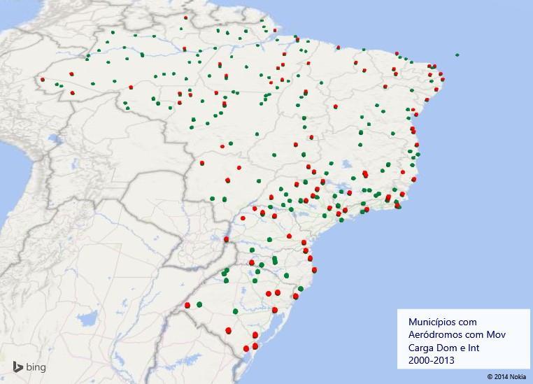 Distribuição geográfica dos aeródromos com movimento operacional Municípios com Aeródromos com Movimento de Carga Doméstica e Internacional 2000/2013 Distribuição do Movimento de Carga 2000/2013