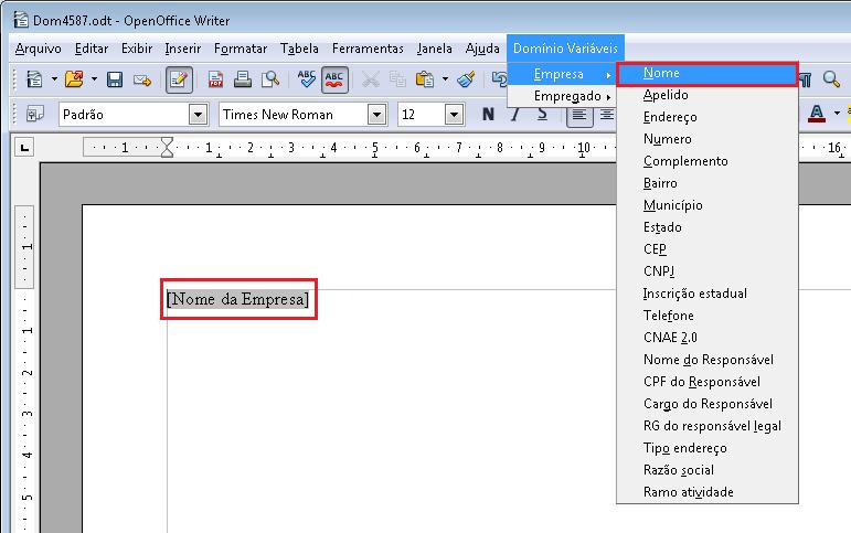 Exemplo 1: Se você quiser que conste no relatório o nome da empresa, acesse no menu DOMÍNIO VARIÁVEIS opção EMPRESA e selecione a opção NOME.