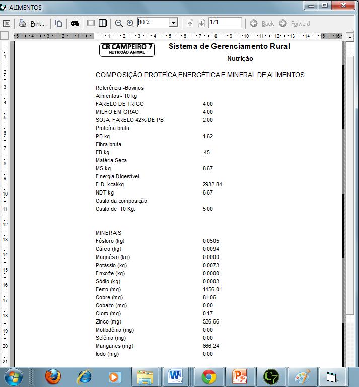 Além da apresentação no formulário que é feita a medida da seleção dos nutrientes, pode ser gerado um relatório completo da mistura realizada.