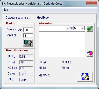 As necessidades são expressas em consumo diário (kg) de: - Matéria Seca - Proteína Bruta - Nutrientes Digestíveis Totais - Cálcio - Fósforo 1. Informar: Peso vivo (kg) e GDP (kg) 2.