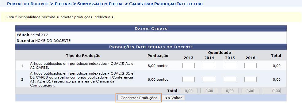 SUBMISSÃO Informe as quantidades