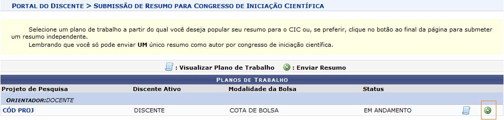 RESUMO EXPANDIDO - DISCENTE Selecionar Enviar Resumo em SIGAA > PORTAL DO