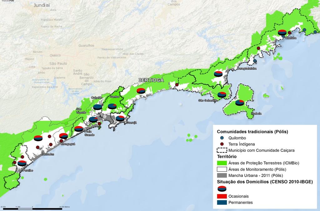 Caracterização Básica % Áreas de Monitoramento em relação ao território do município (Elaboração Instituto Pólis) Ubatuba 13,42% Caraguatatuba 16,47% Ilhabela 8,87% São Sebastião 11,01% Bertioga