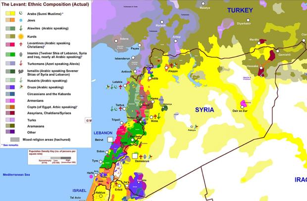 A (im)possível democracia: a complexidade étnico-religiosa da Síria e do Líbano (2) [MAPA: grupos