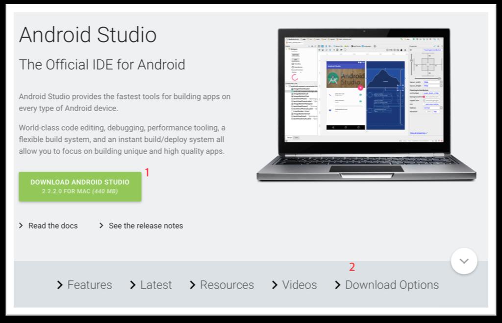 3. Download O download do Android Studio está disponível em sua ultima versão 2.2.2.0 no site do distribuidor, o link segue abaixo: https://developer.android.com/studio/index.