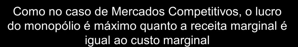 Maximização de Lucros em um Monopólio Como no caso de Mercados Competitivos, o lucro do monopólio é máximo