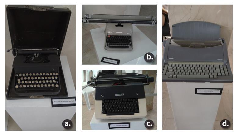 Figura 18: Máquina de escrever portátil (a), Máquina de escrever Remington e Olivetti (b e c) e máquina de escrever eletrônica Royal RT 6100