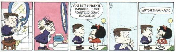 2). O personagem Manolito executa que tipo de voz verbal no segundo quadrinho da ira da personagem Mafalda? a) Voz ativa. b) Voz passiva. c) Voz ativa e reflexiva. d) Voz reflexiva.