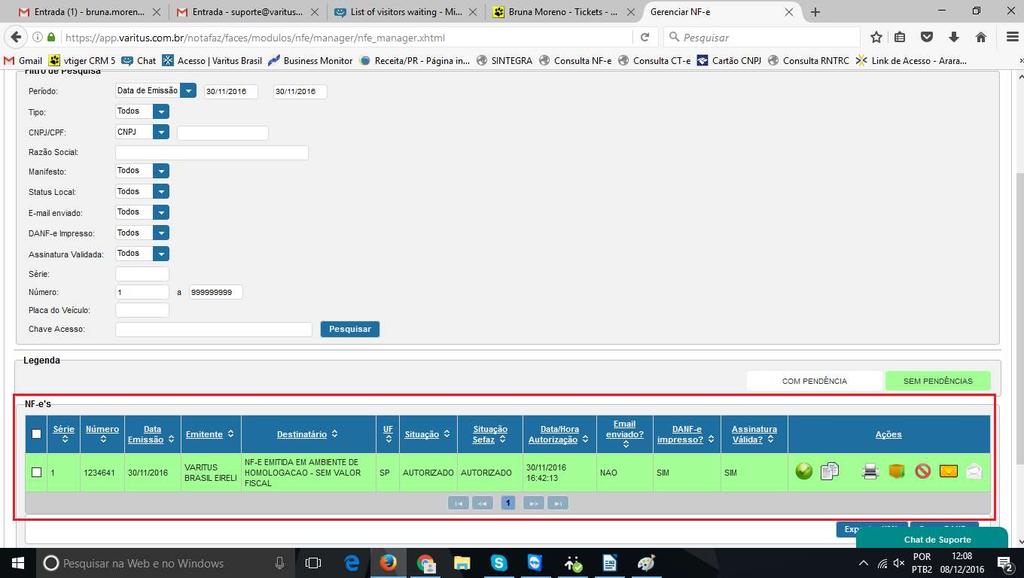 Na parte das Ações, você tem as seguintes opções: 1º Ícone (círculo verde) Mostra que a NF-e não possui pendências.