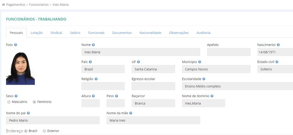 Após selecionado o colaborador o sistema irá abrir a tela com as informações do mesmo, nesta tela no final da