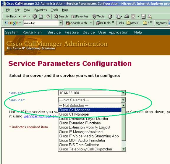 5. Enrole para baixo para encontrar a seção dos parâmetros Clusterwide (característica - envie) na página dos parâmetros do serviço do CallManager da Cisco. 6.