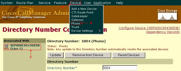 1. Entre à administração do CallManager. 2. Dispositivo seleto (veja a seta A na figura 6).Figura 6: Configuração de número de diretório 3.