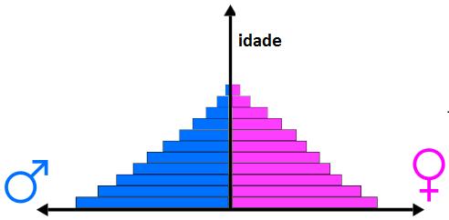 Para estudar idade e sexo em conjunto gráfico de pirâmides etárias histograma duplo, inclui homens à esquerda e mulheres à direita; na ordenada registram-se as idades e na abscissa registram-se