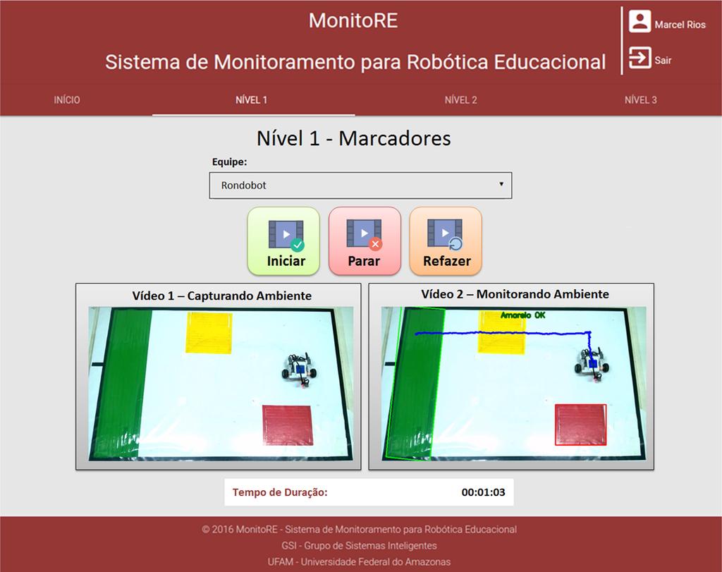 59 4.4.5 Página de Monitoramento Robótico Na página inicial do sistema MonitoRE é disponibilizado, por meio do menu horizontal, os três níveis de ambientes de tarefas, que proporcionam ao professor a
