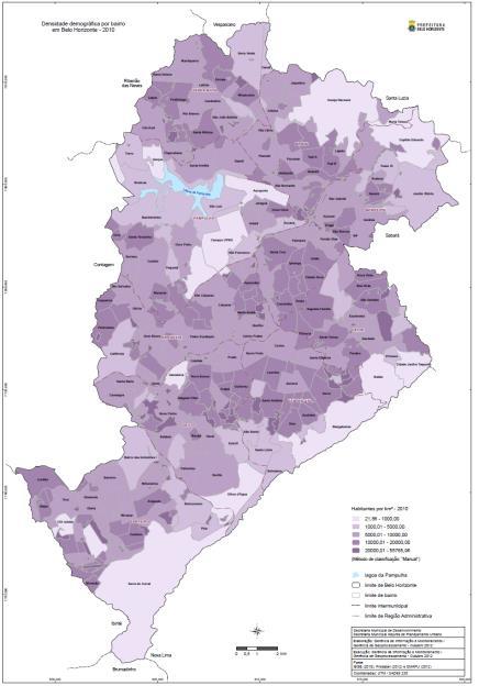 Densidade Demográfica em Belo Horizonte, 1 Fonte: PBH, 1 População de saturação Uso do solo Densidade populacional de saturação (hab/ha) Bairros residenciais de luxo, com lote padrão de 8 m 1 Bairros