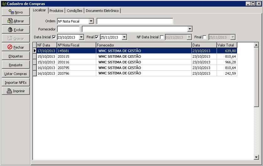 Cadastro de Compras Aba Localizar 3.