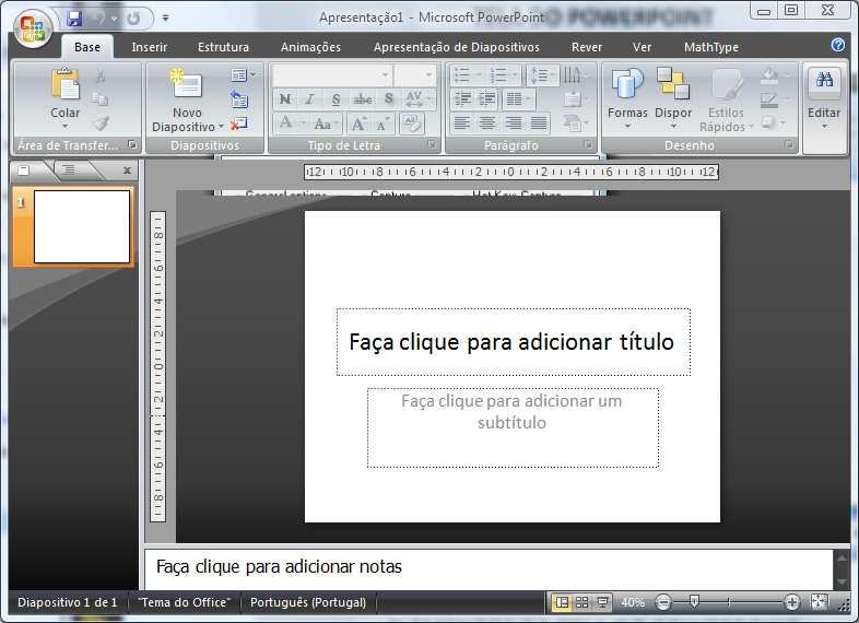Começando O PowerPoint 2010 é uma das aplicações que integram o pacote Microsoft Office Enterprise, ferramenta adequada para a criação e visualização de Apresentações Electrónicas de Diapositivos.
