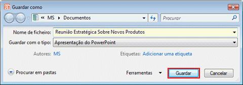 A primeira linha de texto na apresentação é pré-preenchida com o nome de ficheiro na caixa Nome de ficheiro.