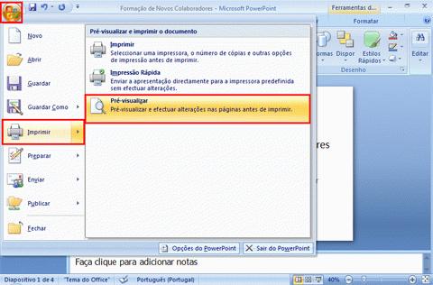 8. No Office, é possível pré-visualizar com facilidade como vai ficar o esquema depois de impresso, sem imprimir realmente. A imagem impressa apresentada no ecrã é denominada "Prévisualização".