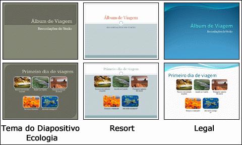 Distribuir uma apresentação num ficheiro reproduzível Seleccionar um tema de diapositivo No PowerPoint, são fornecidos muitos modelos que combinam um esquema de cores, imagem de fundo e formatação de