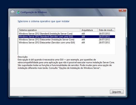 opções de versões, escolha o Windows Server