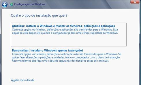 Passo 4 No próximo passo definimos o tipo de instalação que pretendemos: Atualizar: este modo é importante quando se quer atualizar algum