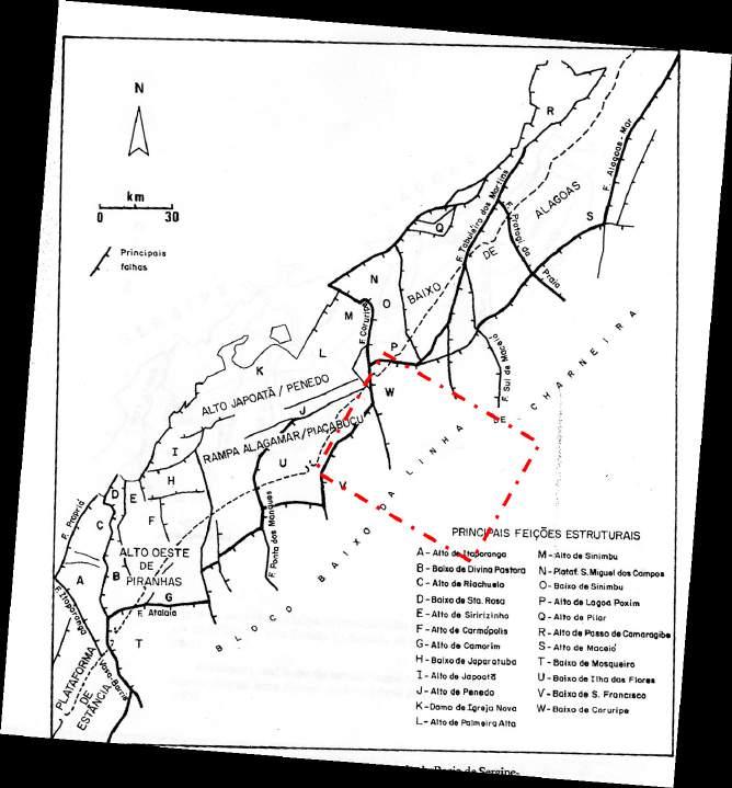 Geologia da bacia 25 Figura 2.1: Arcabouço estrutural generalizado da bacia Sergipe-Alagoas, mostrando os grandes compartimentos tetônicos e as principais feições estruturais.