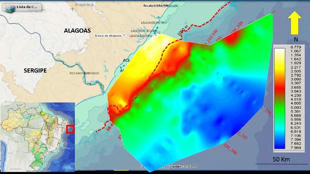 Sequências deposicionais 54 Figura 4.9: Mapa estrutural do embasamento sem as falhas, em tempo sísmico. Notar o depocentro em azul escuro na região de águas profundas.