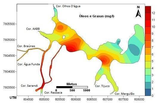 Resultados alcançados e discussão 5 Os teores de óleos e graxas para cada ponto amostrado estão apresentados na tabela 1, além da carta temática, que apresenta a interpolação desses valores na imagem