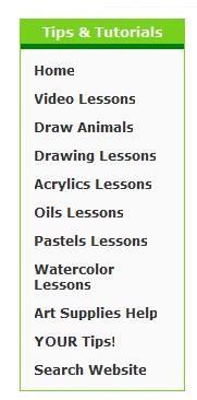 3. Na outra secção, designada por Tips & Tutorials, Encontramos as áreas mais importantes deste espaço que são: Home, Video Lessons, Draw Animals, Drawing Lessons, Acrylics Lessons, Oils Lessons,