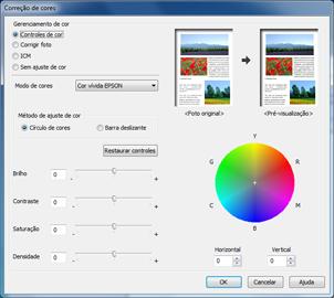 Controles de cor Permite que selecione um Modo de cores, configurações individuais para Brilho, Contraste, Saturação e Densidade, e tons de cor individuais.