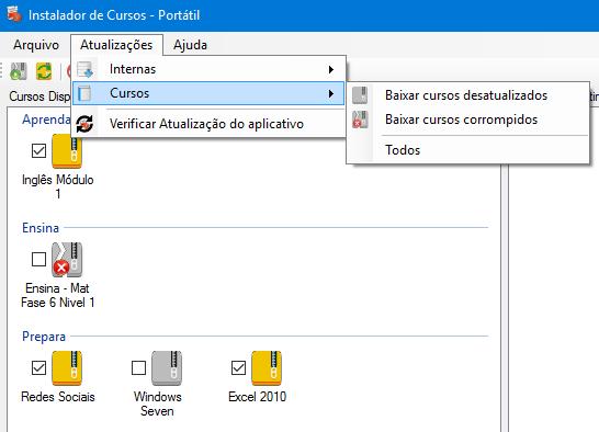 A opção Todos será habilitada, apenas quando possuir cursos com o status Desatualizados e Corrompidos.