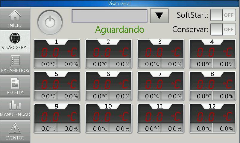 APTemp - Alpes Programação Industrial Manual - Interface Visão Geral: 1 3 4 1 - Botão ligar: Toque uma vez para ligar o controle de temperatura das zonas de acordo com a receita selecionada.