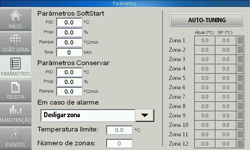 Parâmetros: 4 1 1 - Parâmetros SoftStart: Defina os parâmetros para quando o sistema estiver em modo SoftStart - PID: Temperatura em ºC para as zonas que estão configuradas para controle PID na -