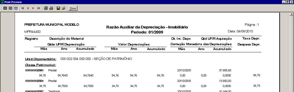 Para isso relatório traz como informação o patrimônio por classe e unidade orçamentária, apresentando o valor contábil do bem dentro do mês.