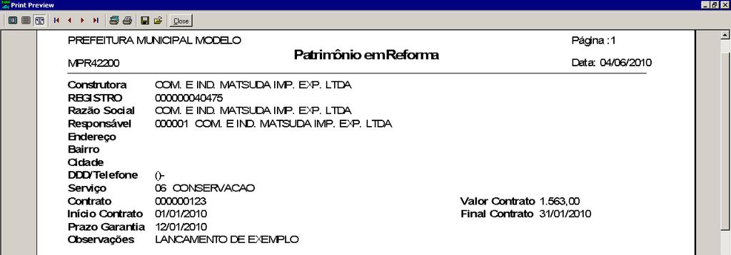 Relatório No processo de manutenção predial, está disponível para emissão de relatório o "MPR42200 - Patrimônio em Reforma".