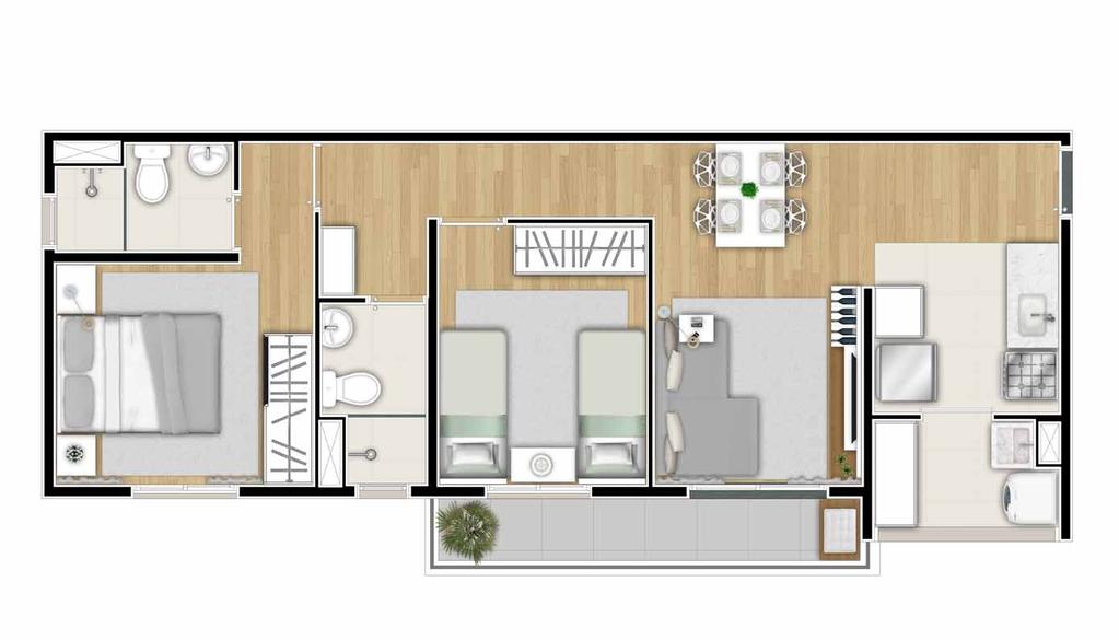 55,08 m 2 2 dorms. 1 suíte 5 4 Plantas ilustrativas com sugestão de decoração.