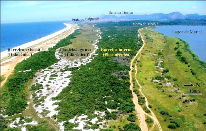 26 durante a última transgressão marinha) separadas por uma série de pequenas lagunas colmatadas e pelas lagoas de Maricá, Barra, Padre e Guarapina.