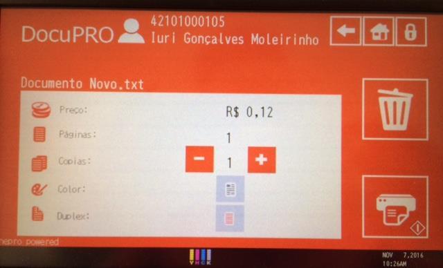 Impressões Impressoras Multifuncionais Ao clicar sobre o documento é possível visualizar o preço do seu trabalho, bem como a quantidade de paginas que o mesmo possui; Nesta tela também podemos