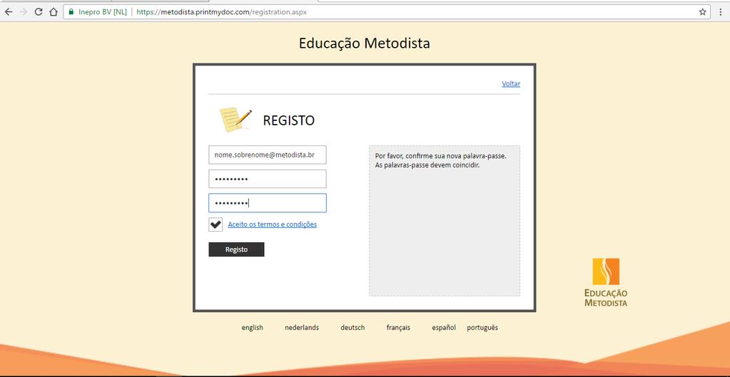 Utilizando o Printmydoc Para realizar o registro, insira o e-mail Institucional ( nome.sobrenome@metodista.