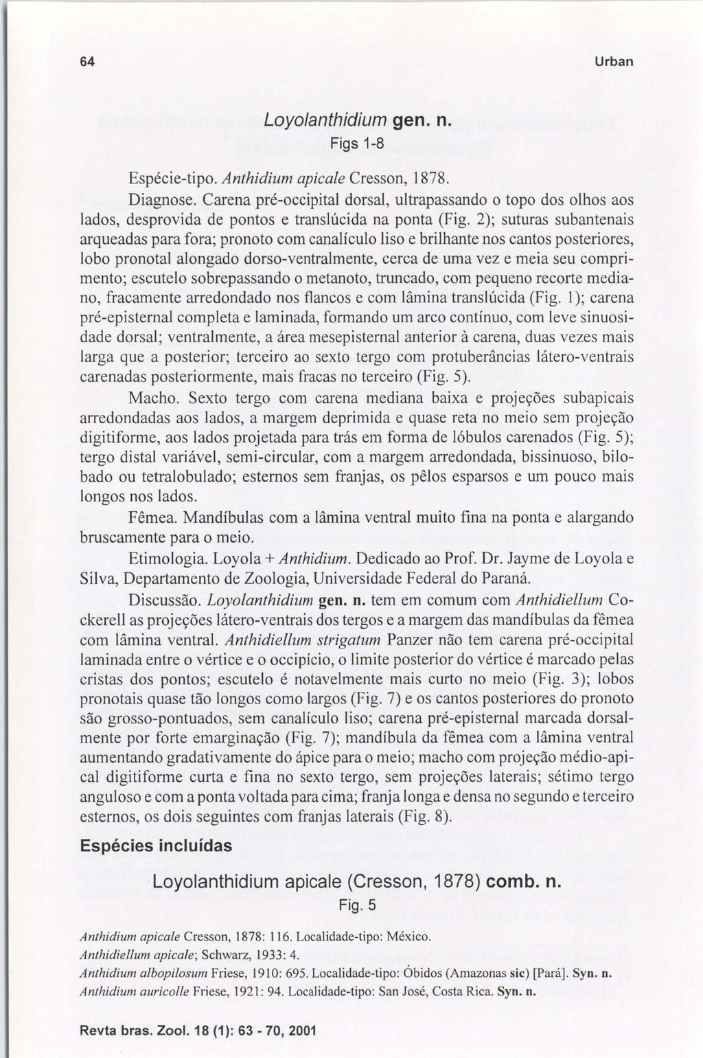 64 Urban Loyolanthídíum gen. n. Figs 1-8 Espécie-tipo. Anthidium apicale Cresson, 1878. Diagnose.