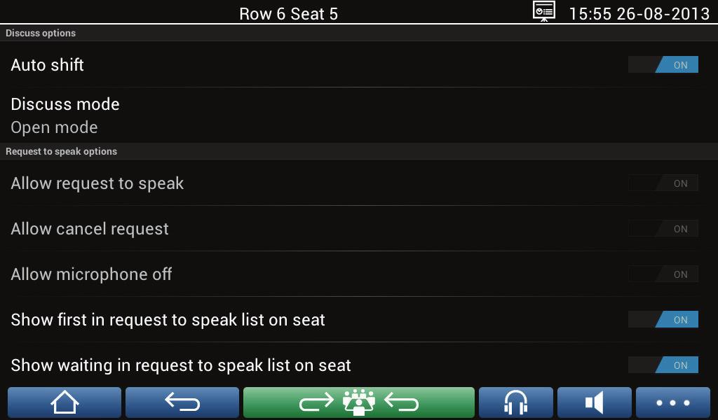 Sistema DCN multimédia Dispositivo multimédia DCNM-MMD pt 13 4.2.5 Ecrã de definições de debate As opções de debate e pedidos para falar podem ser geridas aqui, consoante as autorizações.