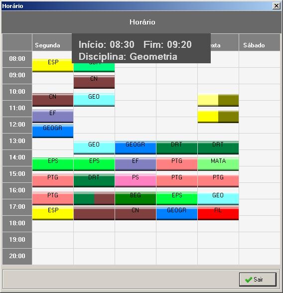 Horários A função de consulta de horário de um utilizador é em tudo semelhante à consulta de acessos, após a seleção de um utilizador da lista a aplicação