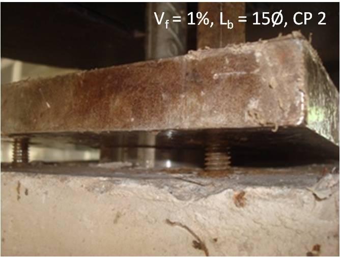 Nos dois tirantes de concreto sem fibras, a ruptura ocorreu por falha do sistema de ancoragem das armaduras (estricção de uma ou mais barras entre a porca